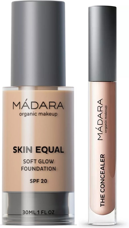 Two makeup products in bottles, one is foundation and the other is concealer, both labeled Madara organic makeup.