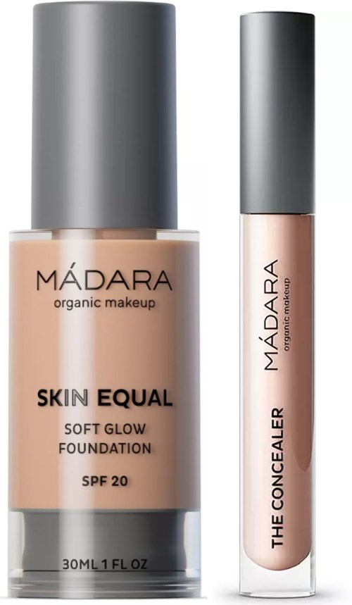 Two makeup products: a foundation and a concealer, both with gray caps and light-colored packaging from Mádara.