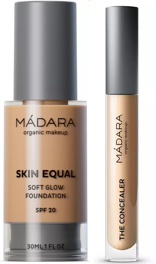 Two makeup products from Madara: foundation and concealer in light shades with silver caps.