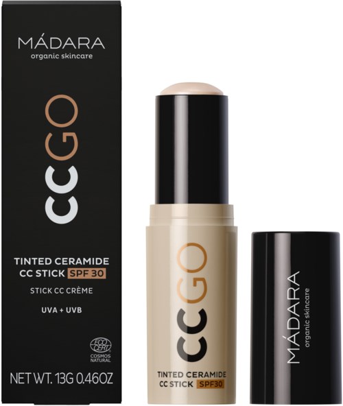 CC-stift met getinte ceramide, SPF 30, en natuurlijke ingrediënten van Madaara, in een wit en zwart blik.