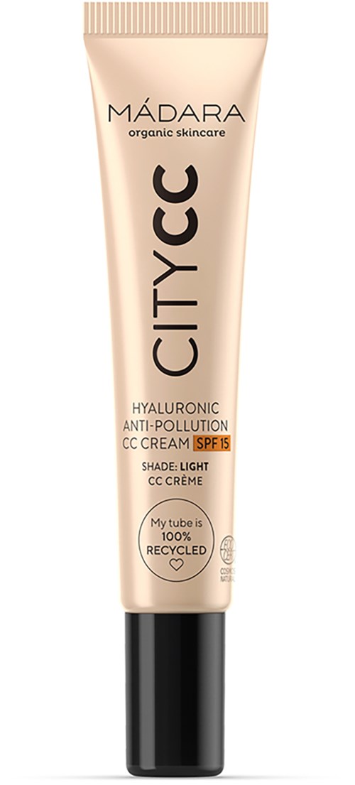 A beige tube of skincare cream with black cap, labeled 'Madara City CC' for anti-pollution and light shade.