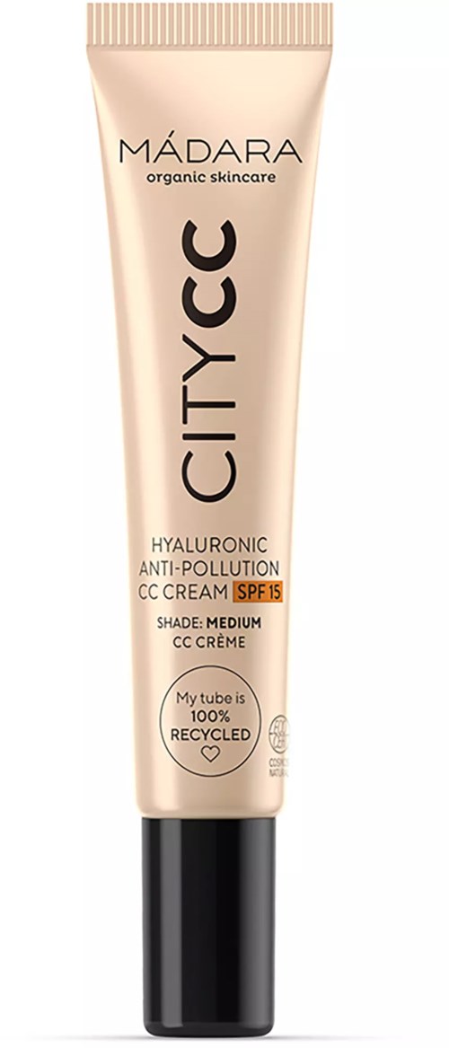 A tube of Madara City CC cream with SPF, meant for skin care and pollution protection, in medium shade.