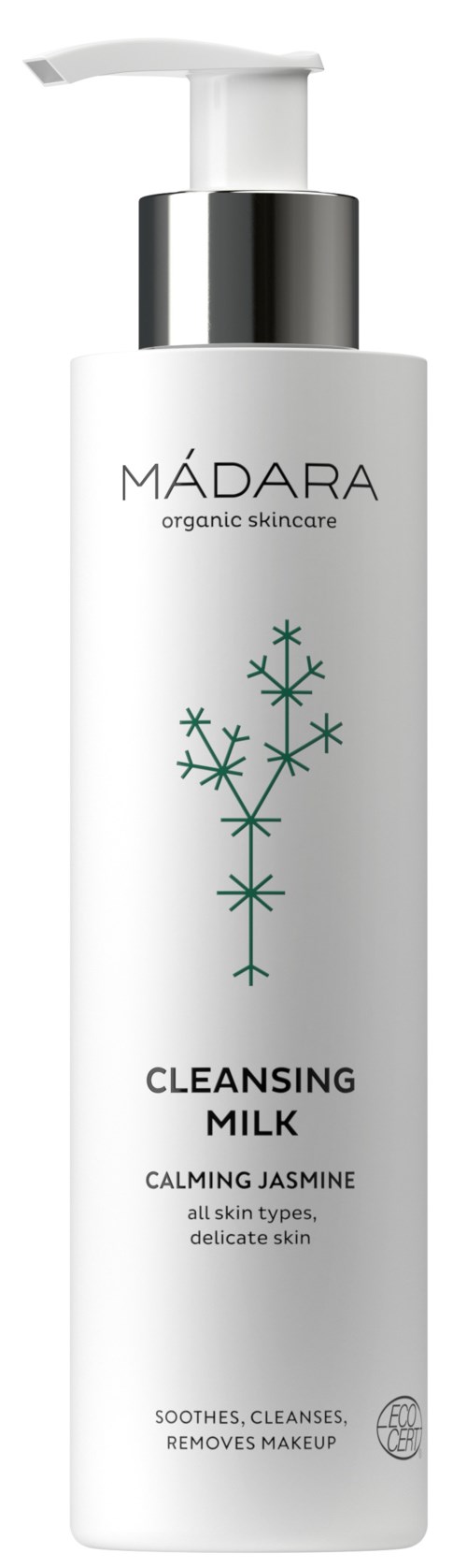 A white bottle with a pump, labeled 'MáDARA cleansing milk' with a snowflake design and information about soothing and removing makeup.