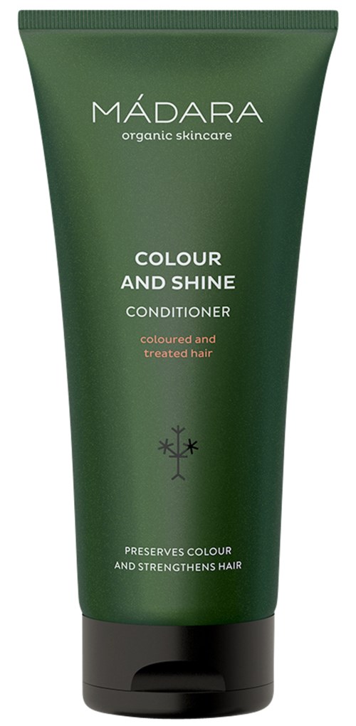 Green tube of Madara hair conditioner labeled 'Colour and Shine'. Contains organic ingredients for treated hair.,