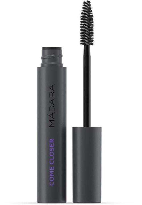 Cosmetic tube with brush attached, labeled 'Madara Come Closer' in purple and black colors.