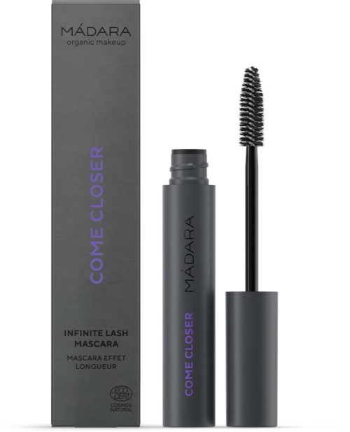 A mascara tube with brush and packaging, black and purple text, promoting "Come Closer" mascara for long eyelashes.