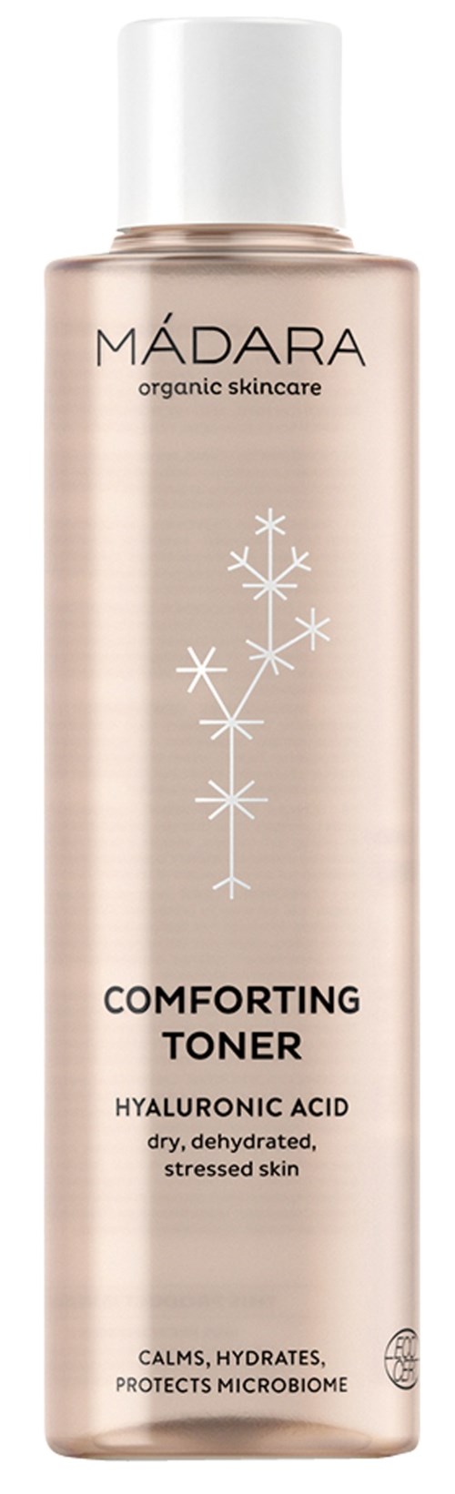 A beige bottle labeled MÁDARA organic skincare, called Comforting Toner, contains hyaluronic acid for dry, stressed skin.