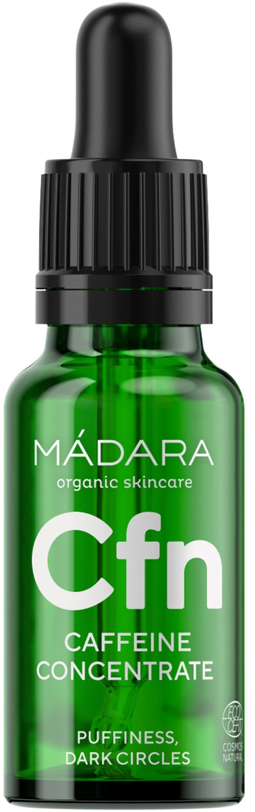 Green glass bottle with a black dropper cap, labeled 'MÁDARA Cfn Caffeine Concentrate,' with text about skincare and dark circles.