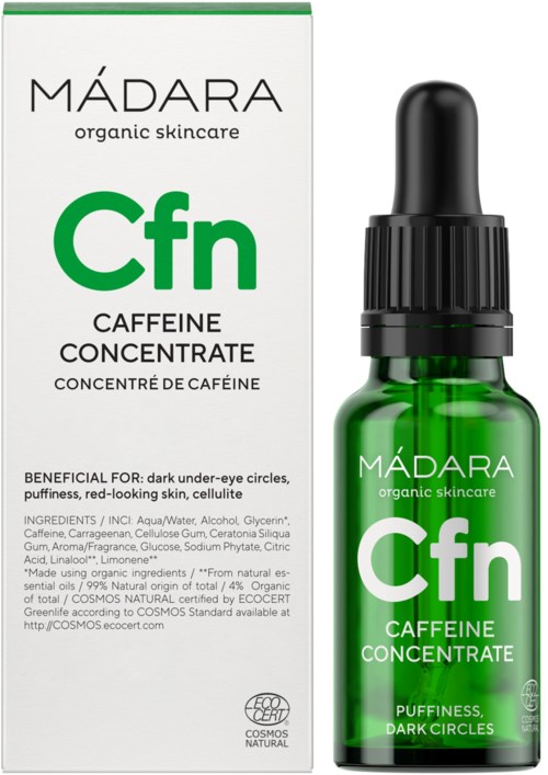 A green glass bottle with a dropper, labeled 'MÁDARA Caffeine Concentrate' for dark circles and skin issues.