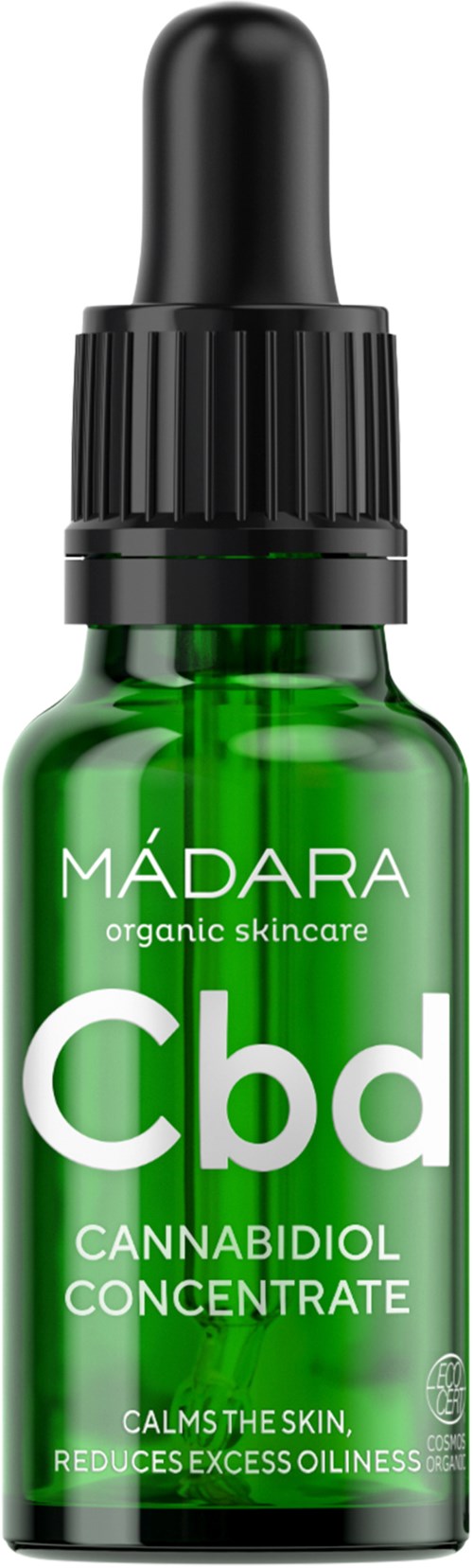 Green bottle with a dropper cap and label saying CBD, calm skin, reduce oiliness, made by Mádara.