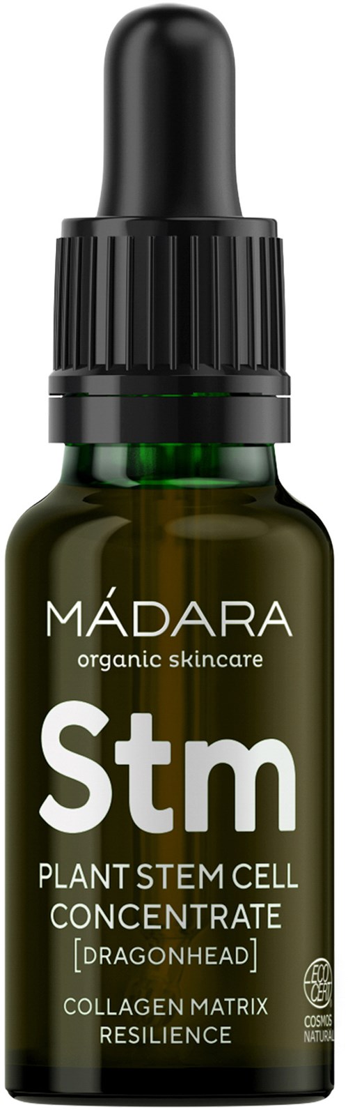 A small green bottle with a dropper top, labeled 'MÁDARA' and 'Plant Stem Cell Concentrate.'