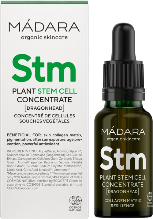 A green and white box and small dark green bottle with a dropper, containing plant stem cell concentrate from Madara.