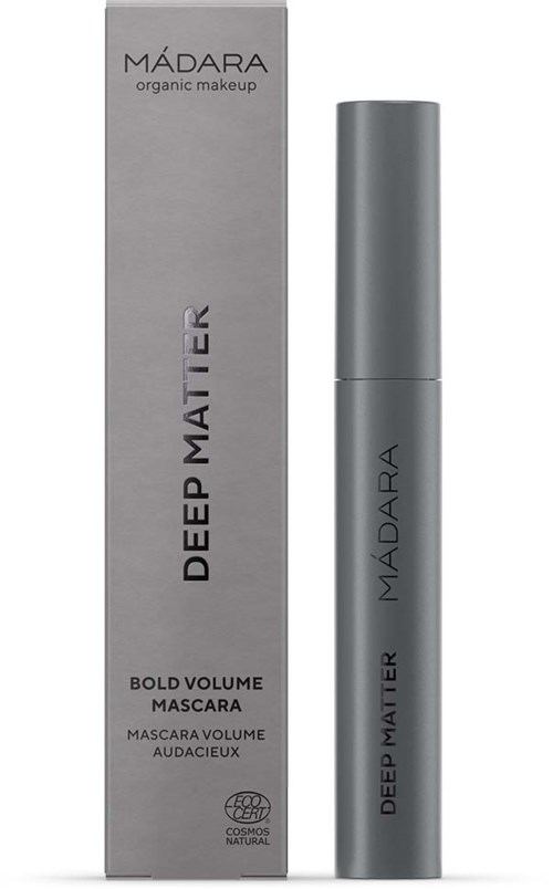 Doos en tube van Madara Deep Matter bold volume mascara, grijze kleur, eenvoudig ontwerp.