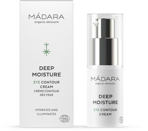 Box and bottle of skincare product named MÁDARA Deep Moisture Eye Contour Cream. Focus on packaging design and text.
