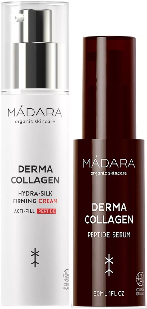 Two skincare bottles labeled Mádara, one white for cream and one brown for serum, against a plain background.