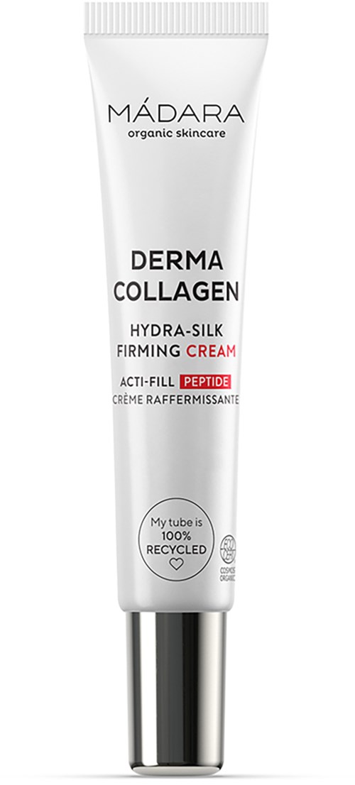En vit tub med Madara Derma Collagen Hydra-Silk Firming Cream. Tuben har silverkapsling längst ner och svart text.