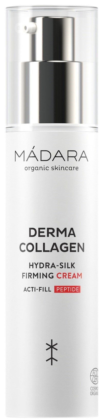 A white skincare bottle with a pump, labeled MÁDARA Derma Collagen, emphasizing hydration and firming effects.