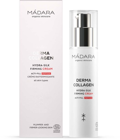 A white box and bottle of Madara skincare product named Derma Collagen Hydra-Silk Firming Cream. The bottle has a pump dispenser.