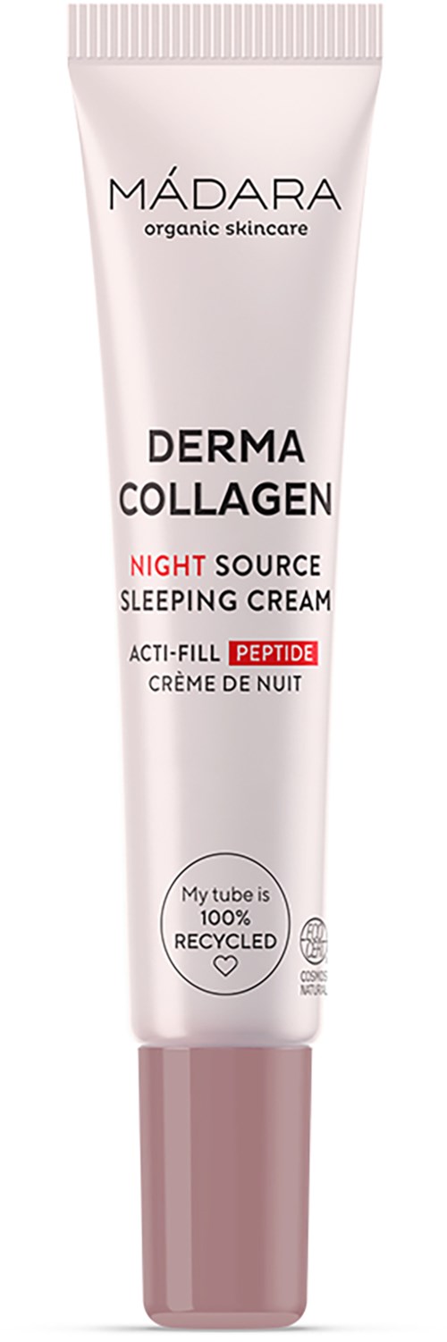 A tube of MADARA Derma Collagen Night Sleeping Cream with pink and white packaging.