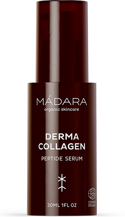 A brown bottle with a pump, labeled Madara Derma Collagen Peptide Serum, 30ml, organic skincare product.