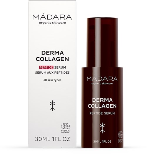 A white box and dark red bottle of Madara Dermal Collagen peptide serum for all skin types.