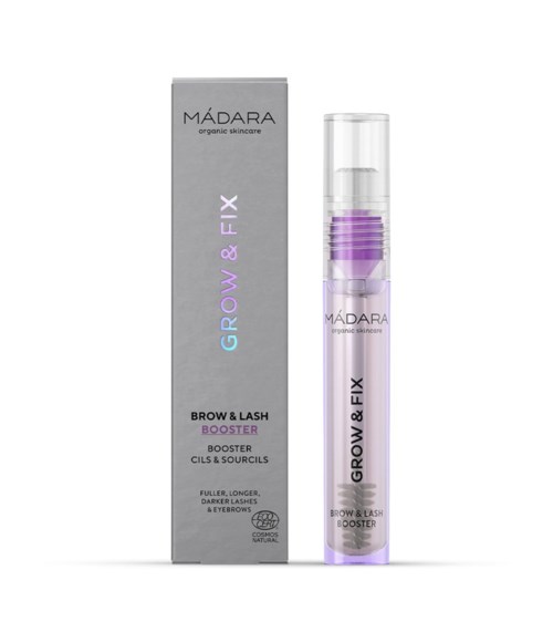 A skincare product in a clear bottle with purple accents, alongside a gray box. It is for eyebrow growth and fixing.