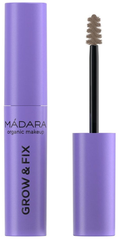 A purple tube of MÁDARA Organic Makeup Grow & Fix mascara with the wand visible.