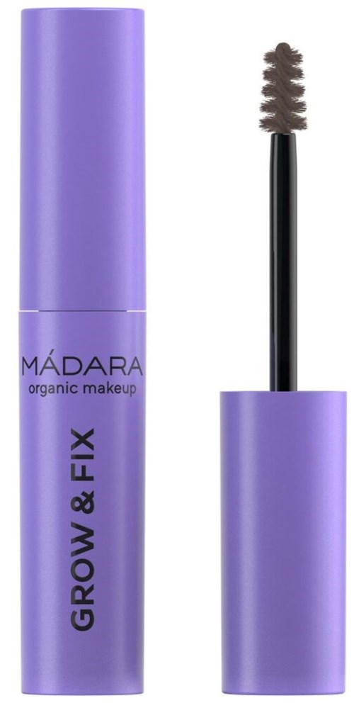 Lila mascara rör med lock och borst, märkt 'GROW & FIX' från MADARA ekologiska makeup-serie.