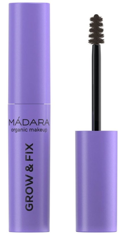 A purple tube of Madara Grow & Fix mascara with the wand outside.