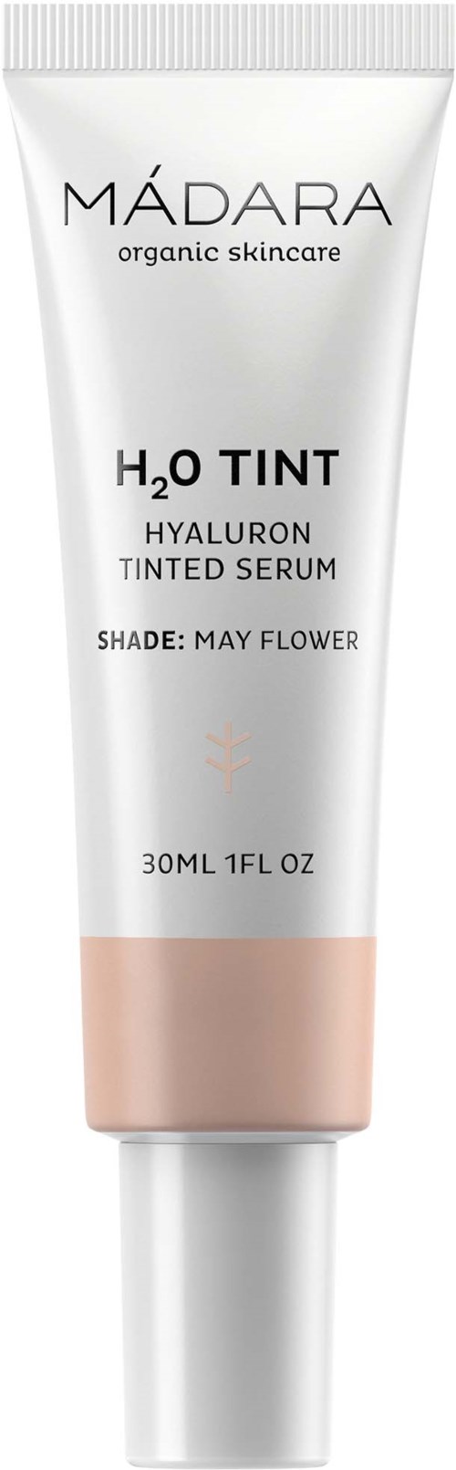 Weiße Tube mit rosa unterlegtem Etikett, Text über hydratisierendes getöntes Serum von Madara, Farbton ist May Flower.