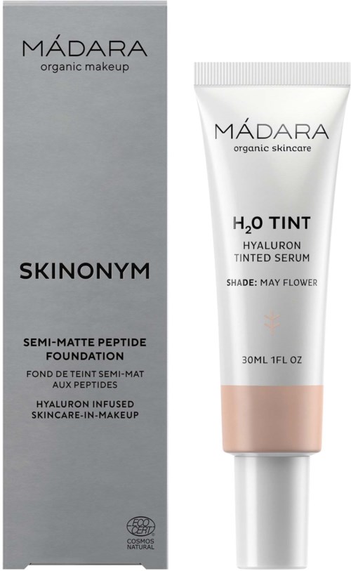 Produktbox und Tube für Madara Skinonomy semi-matte Foundation und Tinted Serum mit Hyaluronsäure in Grau und Weiß.