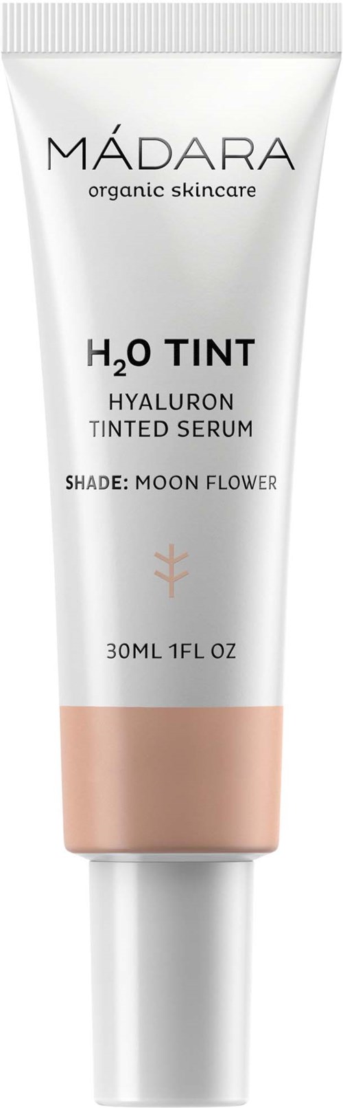 A white tube of skincare product with pink band, labeled 'MADARA,' 'H2O TINT,' and 'HYALURON TINTED SERUM.'
