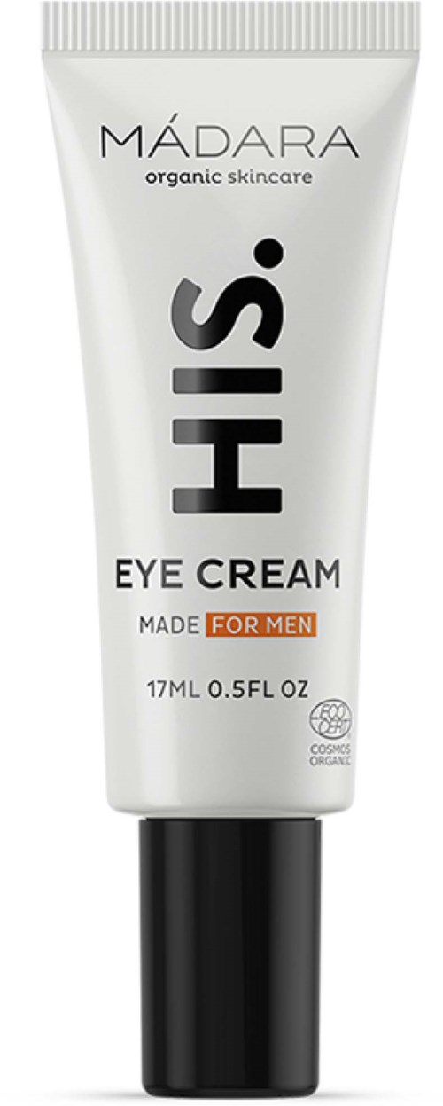 A tube of eye cream for men by Madara, labeled 'H.I.S.', with a black cap and minimalist white packaging.
