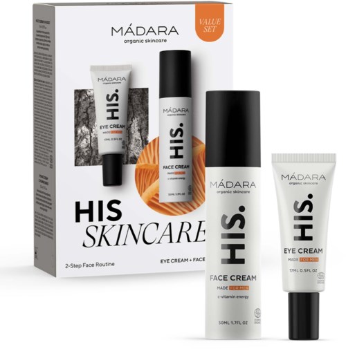 A skincare set includes face and eye creams in white and black bottles, with a box showing product pictures.