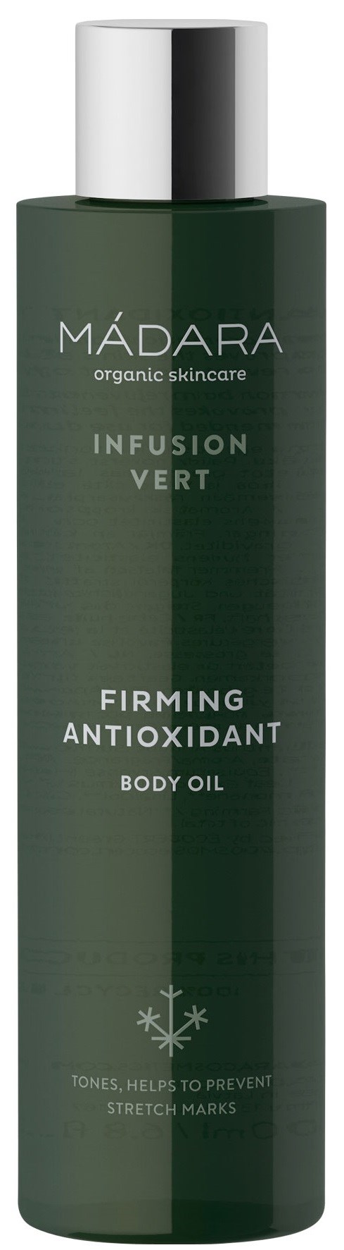 A green body oil bottle with silver cap from Madara, labeled for firming and anti-oxidant properties.