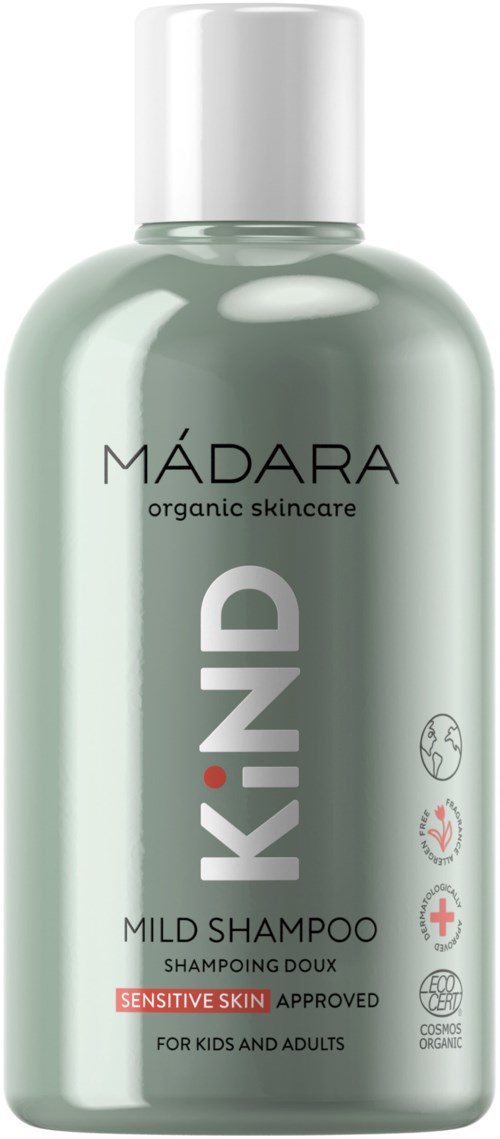 A silver bottle of Madara organic skincare mild shampoo for sensitive skin, suitable for kids and adults.