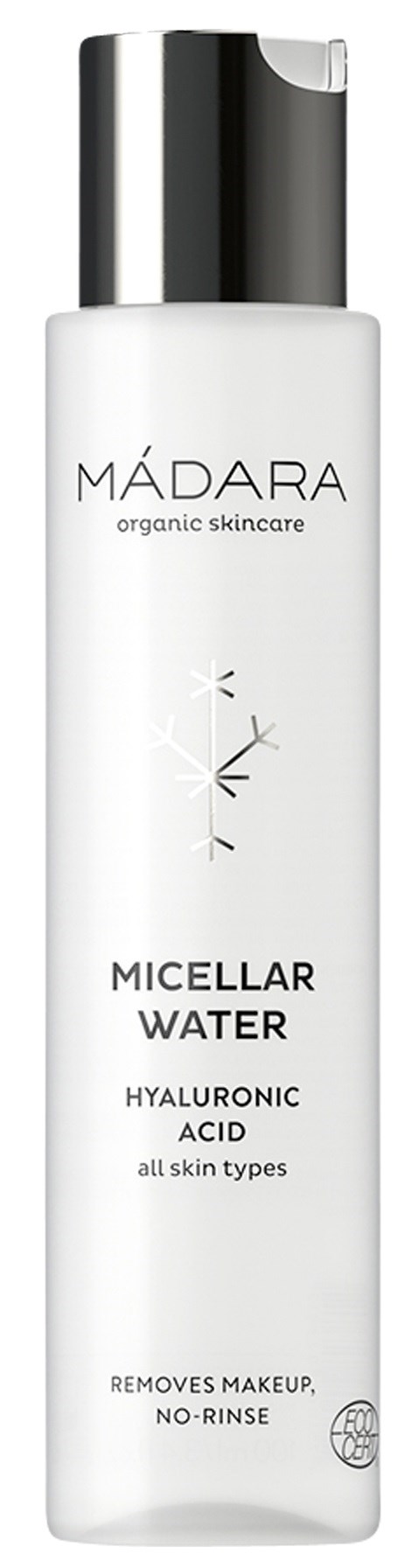 A white bottle with silver cap labeled Madaira micellar water with hyaluronic acid for all skin types.