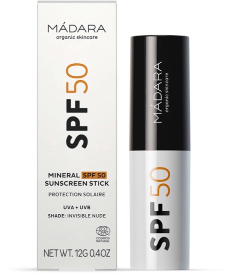 Aurinkosuojastick with SPF 50, designed to protect skin from UV rays. It is in a black and white tube.