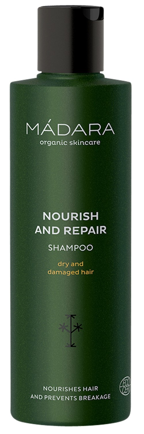 Green bottle of Madara nourishing shampoo for dry, damaged hair with black cap, simple text and logo.