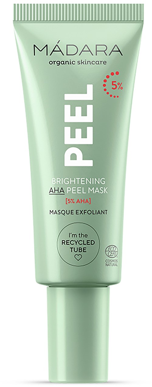 A green tube of Madara Brightening AHA Peel Mask, 5% AHA, with white and red text, pointing out it's eco-friendly.