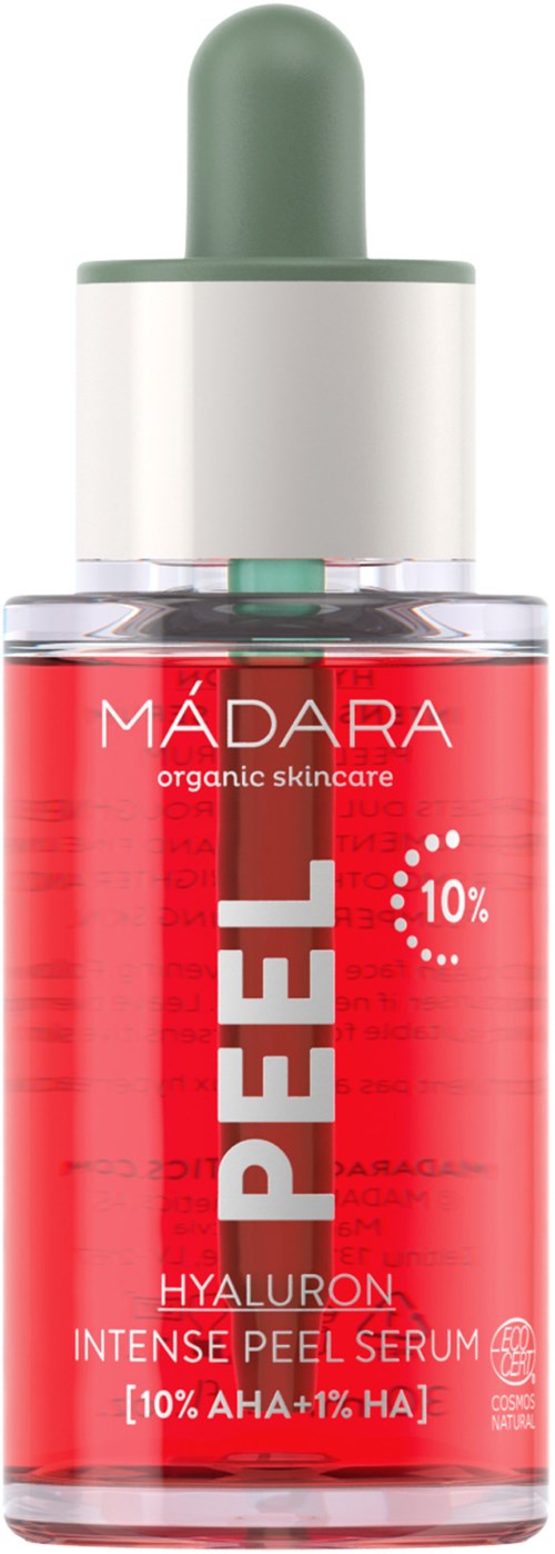 En röd flaska med grönt dropphölje märkt 'MADARA' och 'PEEL', innehållande hudserum med aktiva ingredienser.