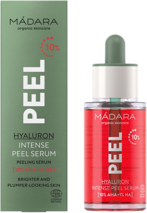 Grön låda och klar flaska med röd serum, märkt som Hyaluron intense peel serum för ljusare, fylligare hud.