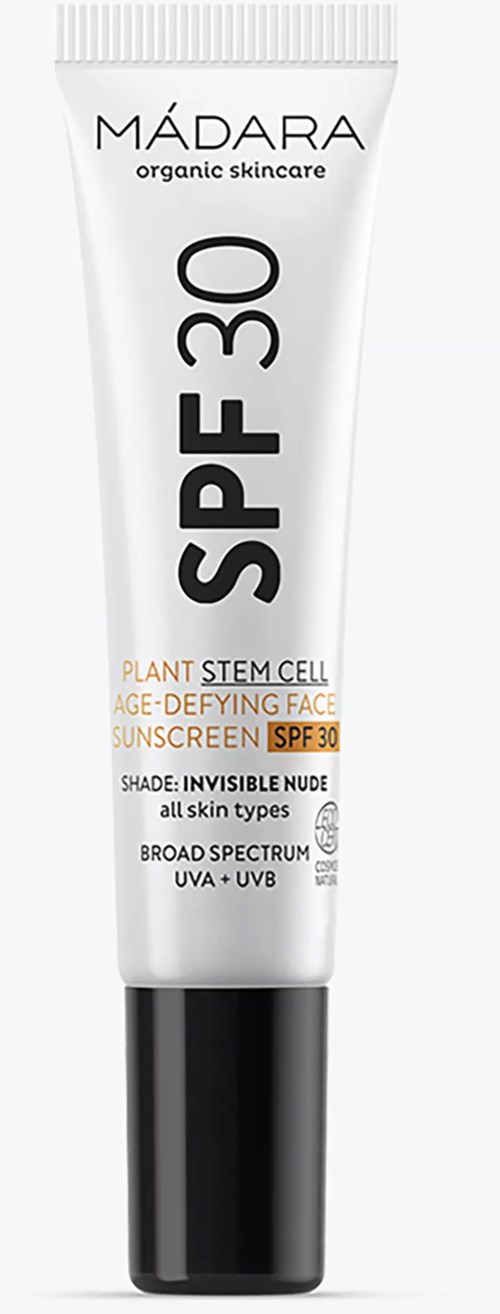 A white tube of Madara organic skincare sunscreen with SPF 30, designed for all skin types and broad spectrum protection.
