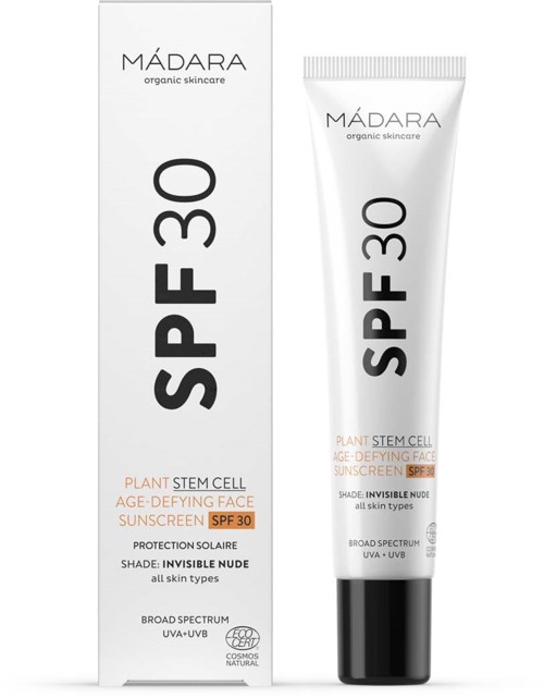 A skincare product named MÁDARA SPF 30 with SPF protection, for face, suitable for all skin types, and broad spectrum.