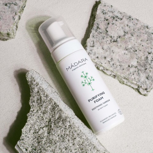 A white bottle labeled 'Purifying Foam' surrounded by grey rocks on a light background.