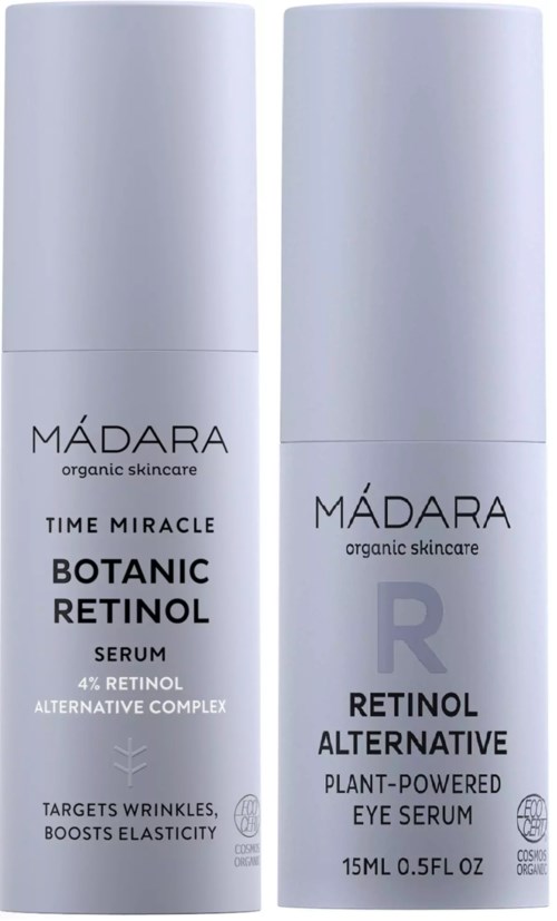 Two white bottles of skincare product with black text, one labeled for face serum and the other for eye serum.