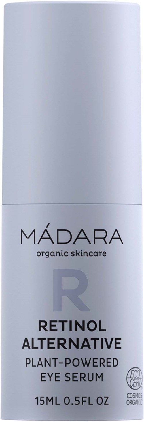 A white bottle labeled MÁDARA organic skincare, Retinol Alternative eye serum, 15ml, plant-powered, for eye care.