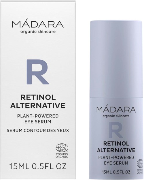 A white box and light purple bottle of Madara Retinol Alternative eye serum with simple text, indicating organic skincare.