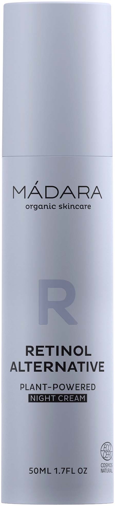 A tall, white cylindrical bottle labeled MÁDARA organic skincare, Retinol Alternative night cream, plant-powered, 50ml, 1.7 fl oz.