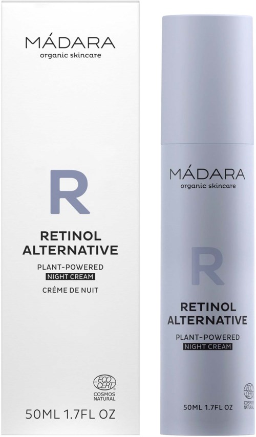 A white box and purple bottle both display MÁDARA organic skincare's Retinol Alternative night cream.